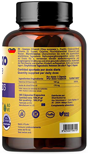 Vitamin D3 4000 IE mit 365 Kapseln. Natürliches Vitamin D-Cholecalciferol mit nativem Olivenöl extra. Für die Gesundheit und das Wohlbefinden unseres Körpers.