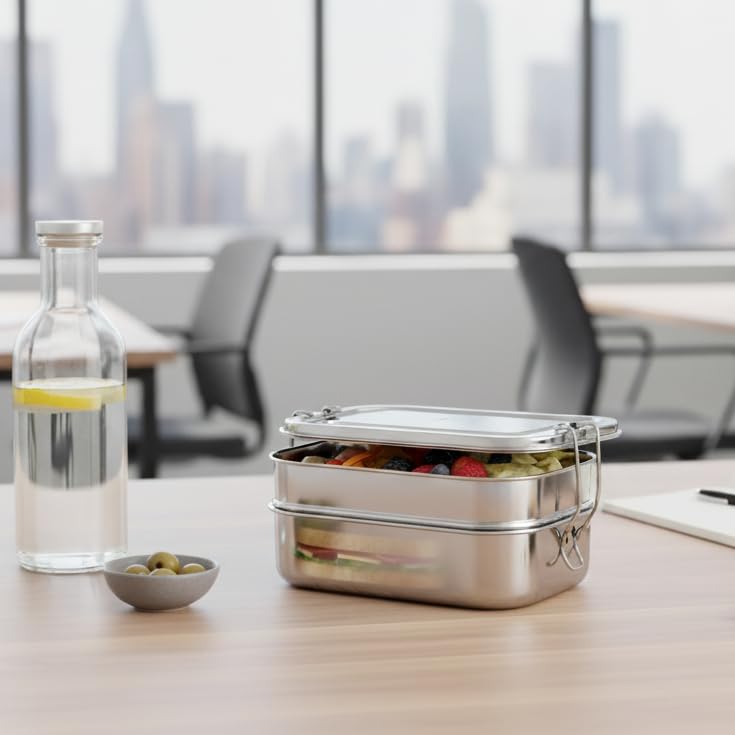Image of JVL Stainless Steel 2 Tier Lunch Box (Rectangle, Small)
