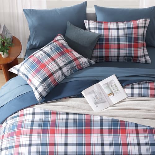 Image of MaiReve Full Size Plaid Comforter Set Navy Red, Classic 7 Pieces Farmhouse Bedding Set, All Season Lightweight Bed in A Bag with Sheets, Pillowcases & Shams