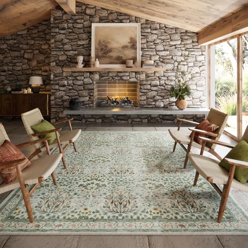 Image of Washable 8x10 Area Rug - Light Green Oriental Design for Living Room, Bedroom, Dining Room & Under Kitchen Table - Stain Resistant, Non-Slip Large Rug