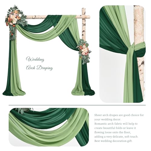 Wedding Arch Draping Fabric,2 Panels 28"x20ft Emerald Green and Sage Wedding Arch Drapes for Ceremony Chiffon Fabric Drapes Arbor Drapery Wedding Arch Decorations for Reception Sheer Backdrop Curtains