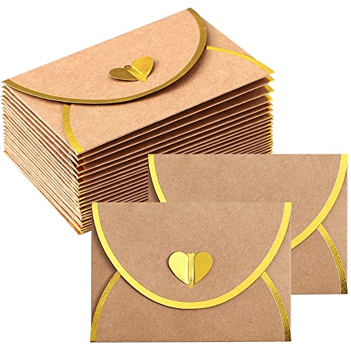 Gift Card Envelopes With Gold Heart Shaped Clasp - 48 Pk - Kraft Mini Envelopes With Gold Border, Small Envelope Assorted Color For Note Cards, Business Card, Wedding, 3.9 X 2.75 Inches #TOP21