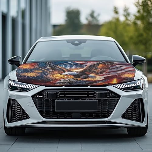 Image of Eagle Skull Hood Covers for Cars American Flag Car Front Hood Cover with Elastic Band 4th of July Car Bonnet Banner UV Resistance Engine Cover Auto Accessory Decoration