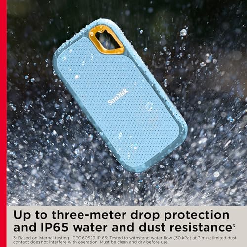 SanDisk 1TB Extreme Taşınabilir SSD - 1050MB/s'ye kadar, USB-C, USB 3.2 Gen 2, IP65 Su ve Toz Direnci, Güncellenmiş Firmware, Sky Blue - Harici Katı Hal Sürücüsü - SDSSDE61-1T00-G25B - Görsel 6