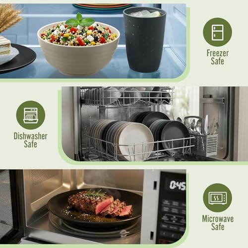 Image of Wheat Straw Dinnerware Sets 40 PCS - Unbreakable Plates and Bowls Sets for 8,Party Kitchen Camping RV Dishwasher & Microwave Safe Modern Lightweight Dishware Sets - Black Grey