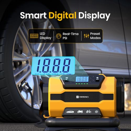 Image of Portronics Vayu Hybrid 4-in-1 Corded Air Pump, 150 PSI, AC & 12V DC Power Input, Inflate & Deflate Function, Dual Motors, Auto Shut-Off, LED Light with SOS, Digital Display