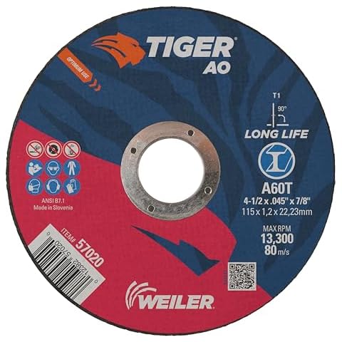 Weiler 57020 4-1/2 Inch Cutting Wheel, Tiger AO Steel/Metal Long Life Performance Cutting, .045" A60T Type 1 7/8" Arbor, Pack of 25 Cover
