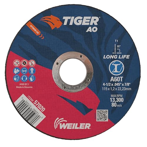 Image of Weiler 57020 4-1 /2 Inch Cutting Wheel, Tiger AO Steel /Metal Long Life Performance Cutting, .045 inch A60T Type 1 7 /8 inch Arbor, Pack of 25