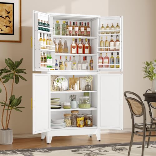 Image of GAIOUS 74.8 inch Tall Metal Food Cabinet, White Kitchen Pantry Cabinet Cupboard | Food Storage, Kitchen Organizer, Storage Cabinet with 4 Door and 4 Adjustable Shelves, Steel Freestanding, for Dining Living