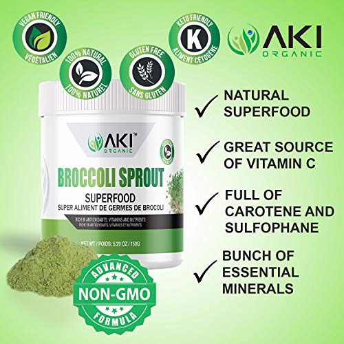 Aki Organic Broccoli Sprout Powder Sulforaphane Ideal For Your Greens Veggie Smoothie Or As A Supplements Of Sprouts From Non Gmo Brocolli Seeds Pack Of Vitamins & Antioxidant (5.29oz / 150g) - Thumbnail 2