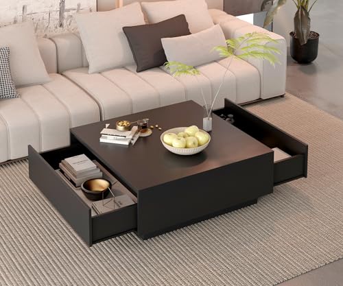 Minimalist Square Coffee Table Wooden Coffee Table with Drawers Modern Center Table Easy Assemble 90x90x35cm for Living Room Apartment Reception Room CJ028 (Black)