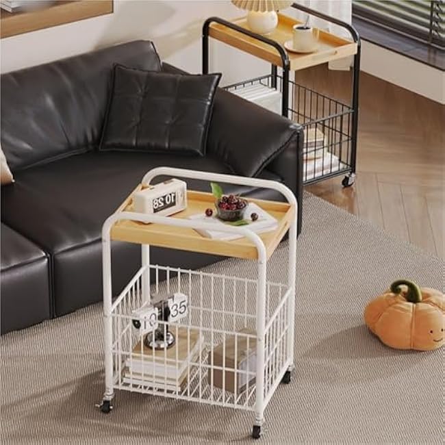 2-Layer Rolling Table with Storage Coffee Cart with Removable Bamboo Tray and Wheels Snack Organizer for Living Room Kitchen Long-Lasting(Black)-YcoPrAnL