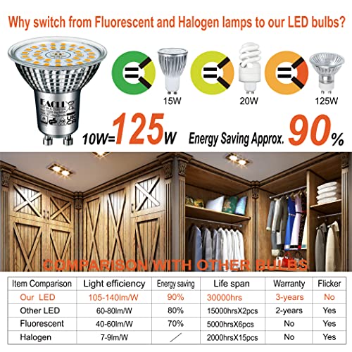 EACLL GU10 LED Bulbs 3-Step Dimmable 3-Brightness, 10W 3000K Warm White, Pack of 2, 940lm Equivalent 125W Halogen Spotlight - Image 3
