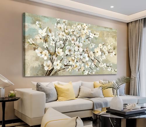 arteWOODS Flowers Canvas Wall Art - Beige Flower Branches Pictures Wall Decor Rustic Brown Botanical Painting Artwork Elegant Floral Prints for Living Room Bedroom Home Decor Ready to Hang 40 x 20in