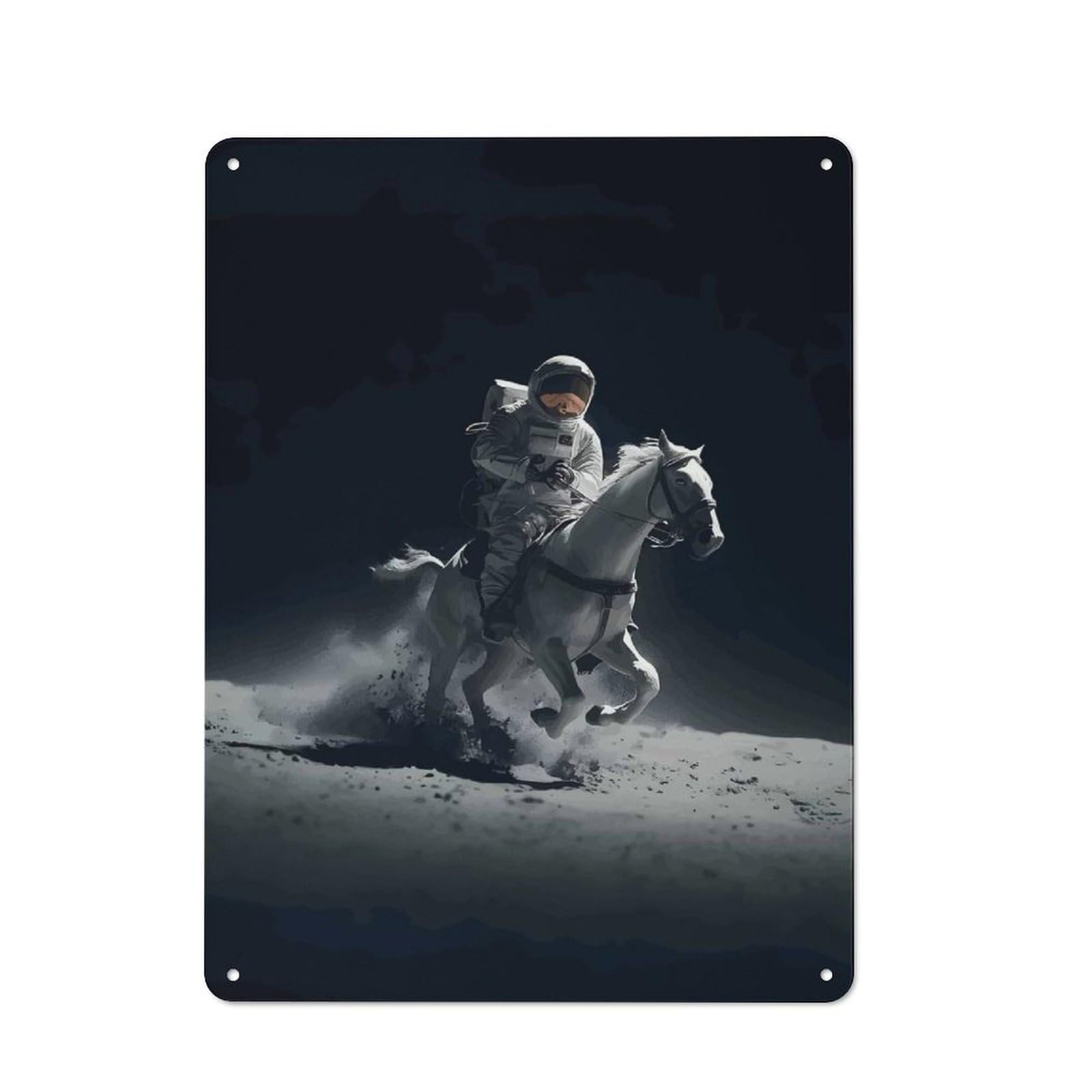 Astronaut Riding A Horse on Moon Everyday Metal Wall Decor 40x30cm, Decorative Tin Plaque for Flat, Dorm Room, Lounge Or Cafe