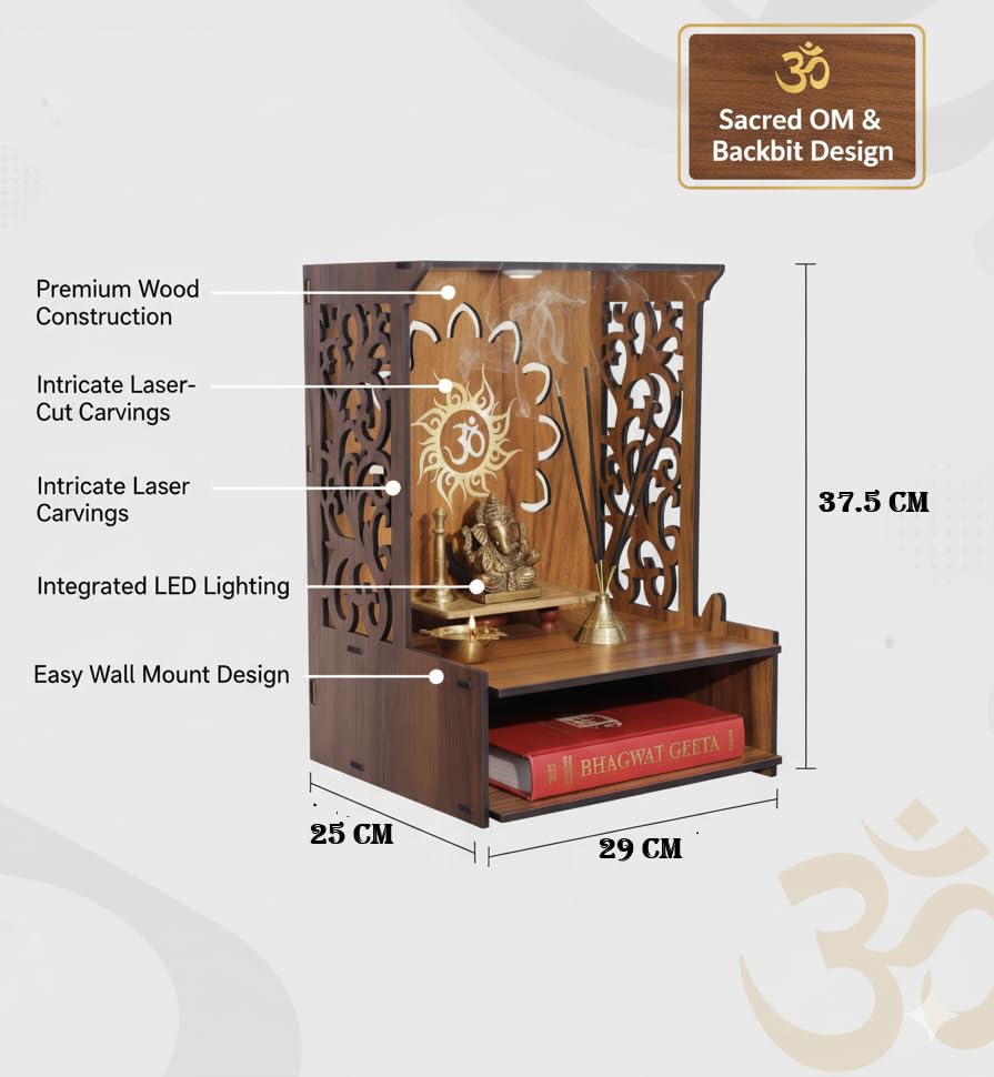 Image of Royal Walnut Finish Wooden Pooja Mandir | Wall Mounted Home Temple with LED Lights & Spacious Storage | Premium Handcrafted Puja Unit (37.5 * 29 * 25 CM) (Large) A3