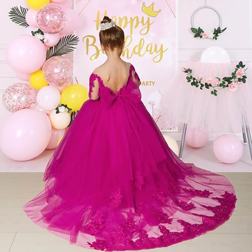Long Sleeve Flower Girl Dress Off Shoulder Pageant Dresses for Girls Detachable Train Ball Gown2