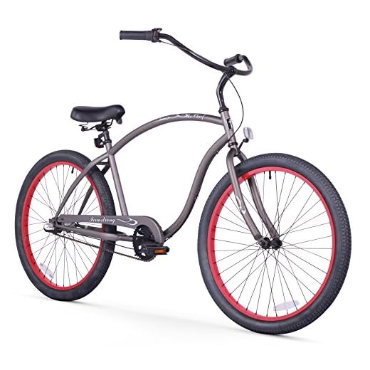 Firmstrong Chief Man Three Speed Beach Cruiser Bicycle, 26-Inch, Matte Grey w/ Red Rims