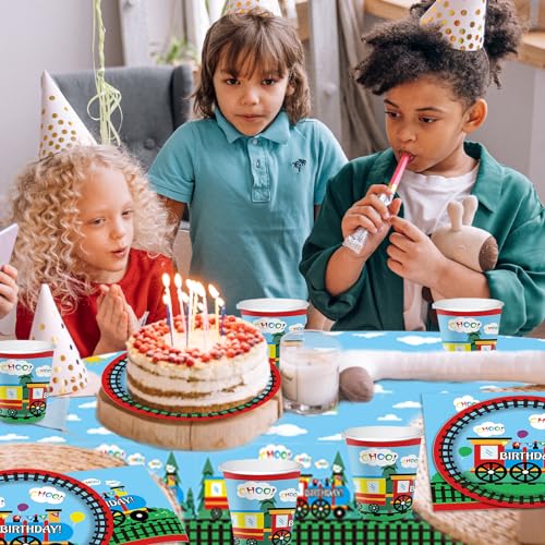 Zug Geburtstag Party Geschirr, 49Pcs Partygeschirr KinderGeburtstag, Zug Party Geschirr, Pappbecher Teller Servietten Tischdecken Tischdeko für 16 Gäste, Geburtstag Deko Partygeschirr Set
