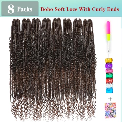 Boho Faux Locs Crochet Hair 18 Inch Goddess Locs 8 Packs Boho Soft Locs Crochet Hair with Curly Ends Pre-looped Long Bohemian River for Black Women (T30# - Image 3