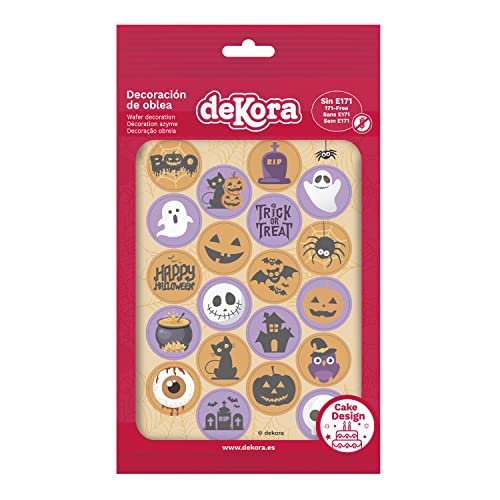 dekora - 20 Mini Discos Comestibles de decoración para Halloween – Decoración para Tartas, Cupcakes, Galletas y Postres – Ojos, Calaveras, Calabazas y Fantasmas, Adornos de Oblea 100% Comestibles