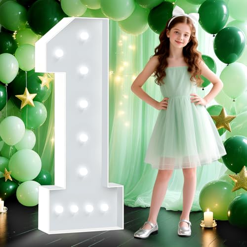 Marquee Numbers 1, 4FT White Light Up Numbers, Large 1st Birthday Decorations Number for Baby Boy Girl Party Backdrop Balloon Decor, Mosaic Marquee Sign Pre-Cut Foam Board Kit