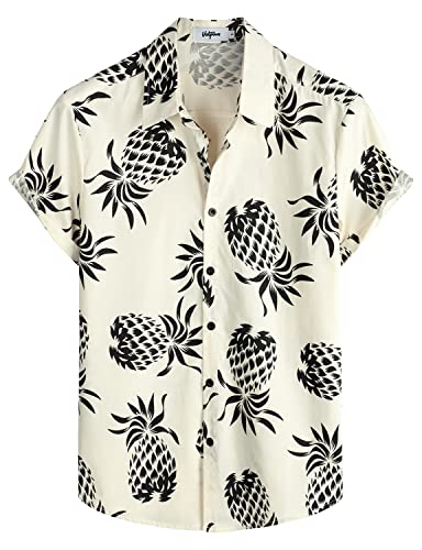 VATPAVE Mens 100% Cotton Hawaiian Shirts Floral Short Sleeve Button Down Shirts Summer Beach Shirts Medium Beige Pineapple