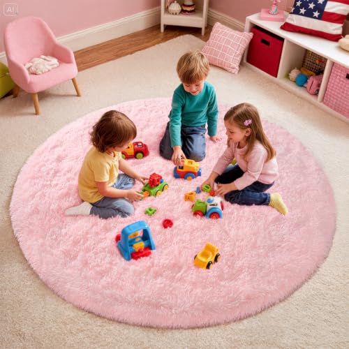 Pink Round Rug for Bedroom, 4Ft Fluffy Circle Area Rugs for Living Room, Shag Fuzzy Carpet for Kids Room, Nursery, Dorm, Classroom, Teen, Cute Baby Play Mat Home Decor Aesthetic