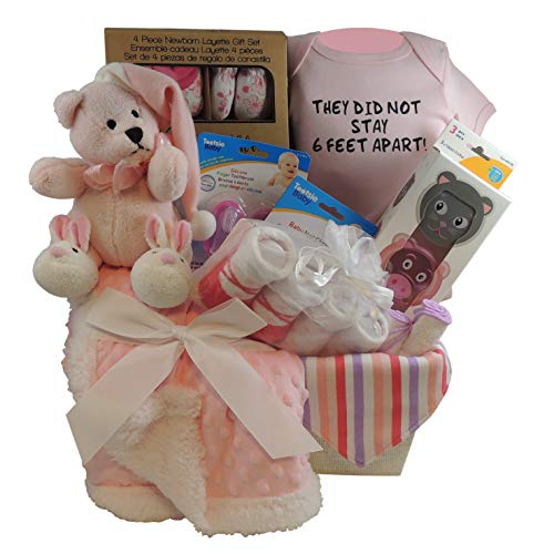 Baby Girl Gift Basket: They Did Not Stay 6 Feet Apart. Sherpa Blanket. 3pc Containers, 4pc Layette Gift Set and more