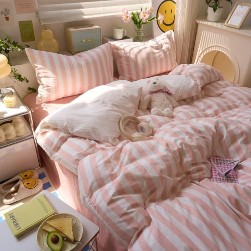 Image of VM VOUGEMARKET Pink Striped Duvet Cover Twin Size Girls Dorm Bedding Set Pink White Stripes Duvet Cover with 2 Pillowcases Soft Lightweight Microfiber Farmhouse Comforter Cover-68 x86