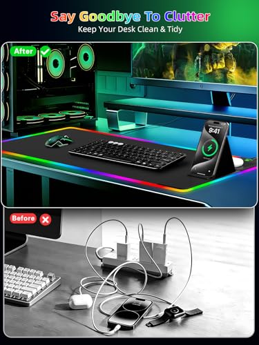 Image of Mouse Pad with Foldable Phone Holder & Wireless Charger, XXL RGB Gaming Mousepad 31.5 inchx15.8 inch Large Desk Mat for Keyboard, Black Desk Pad with Dual Qi Charging Station | 11 Colors 5 Modes | Waterproof