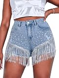 Cyparel Women Summer Denim Shorts High Waisted Ripped Rhinestone Pearl Beaded Fringe Tassels Frayed Raw Hem Blue Jean Shorts