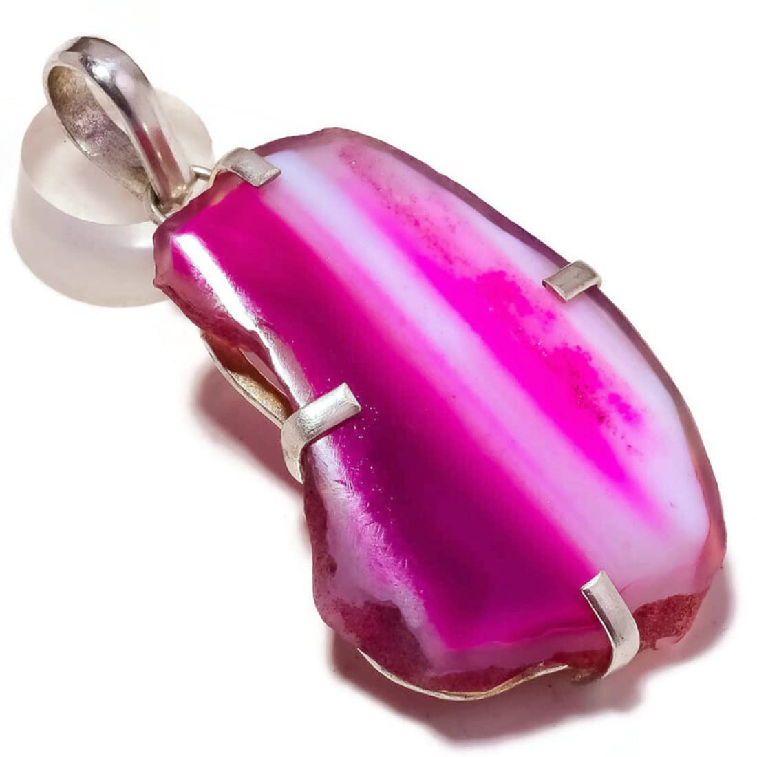 jewels housePink Onyx Agate Hand Polished Irregular Natural Gemstone Silver Overlay Handmade Prong Pendant