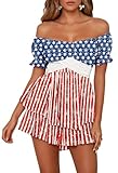 Fixmatti Womens American Flag Star Rompers Off The Shoulder Ruffles Boho Shorts Jumpsuit Playsuit L