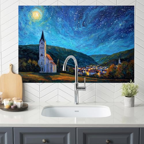 Image of Starry Night Village Backsplash Peel and Stick, 35.4x23.6 in