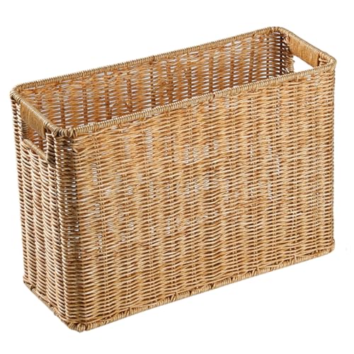 Revistero de ratán tejido de diseño rectangular elegante con asas funcionales marrón claro 7