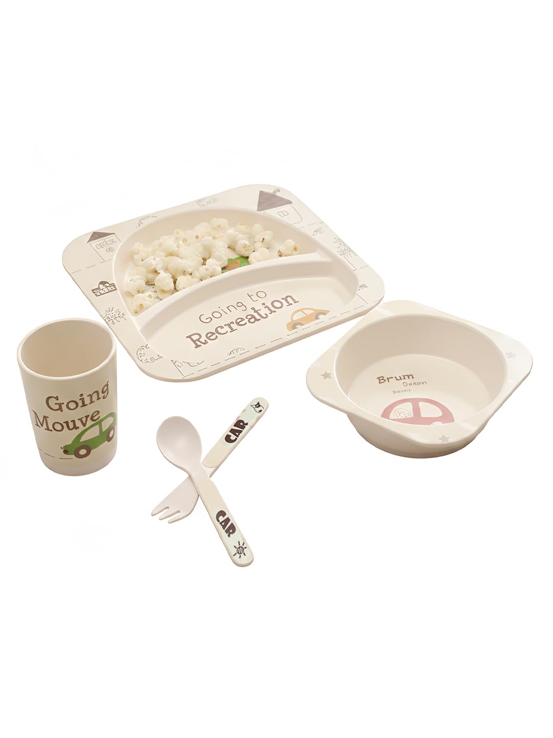 POLKA TOTS Eco Friendly Bamboo Fiber Dinner Set, 5 Pcs Tableware Crockery Set for Weaning Toddler & Self Feeding Baby Utensil Set for Baby Kids (Car)