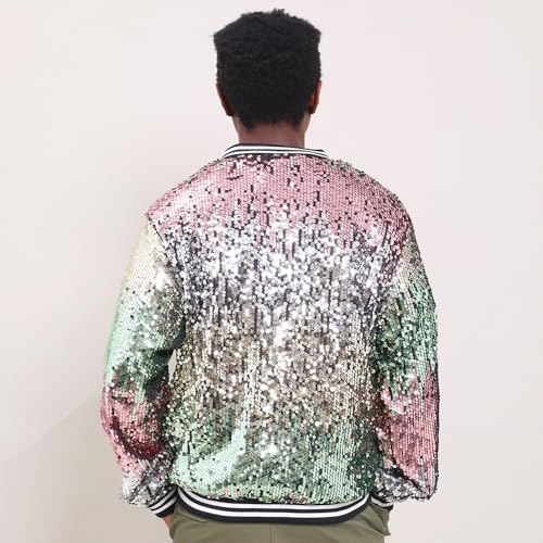 Image of YIYI Mens Sequin Jacket Bomber Sparkly Striped Varsity Glitter Jacket Male Party Outwear Coat Birthday Holiday Clothes