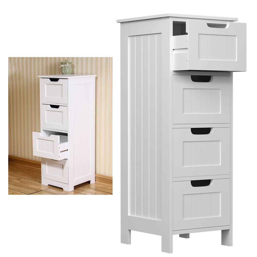 AUTOFU Beside Cabinet with 4 Drawers, Slim Bedside Table Bedroom, Tall Chest of Drawers, Storage Drawer Cabinet for Bedroom Organiser Floor Standing Storage Furniture Unit