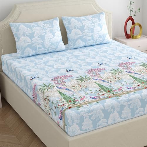 Image of Home Ecstasy 100% Cotton Double Bedsheet with 2 Pillow Covers - (Size 87 x 94 inches, 140 TC, Colour - Light Blue)
