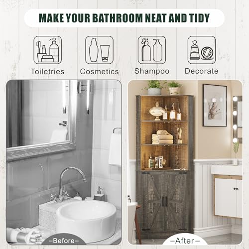 image for TAGELIER Farmhouse Corner Cabinet with LED Light, 67