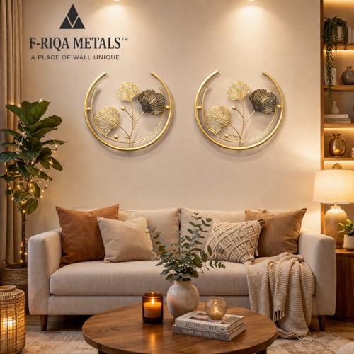 Image of F-RIQA METAL Luxury Golden Flower Metal Wall Art Set of 2 (13.8 x 10.5 Inch) | Elegant Ring Design Wall Decor for Bedroom & Living Room (Classic)