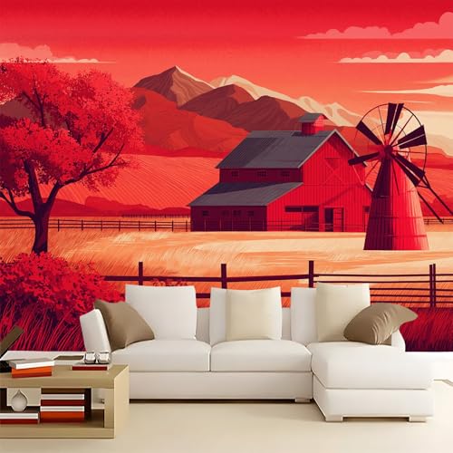 Rojo Papel pintado panorámico no tejido 300 x 210 cm Tamaño personalizado, póster mural gigante 3D, Estilo Campestre Granero Molino De Viento Animales para sala de estar dormitorio o restaurante