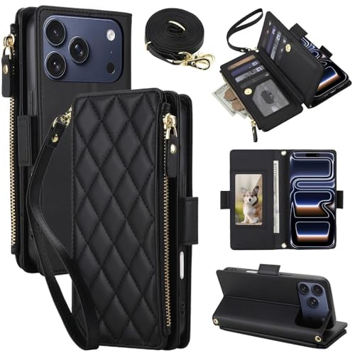 Étui iPhone 13 Pro Max portefeuille anti-chute en cuir noir avec sangle de sécurité