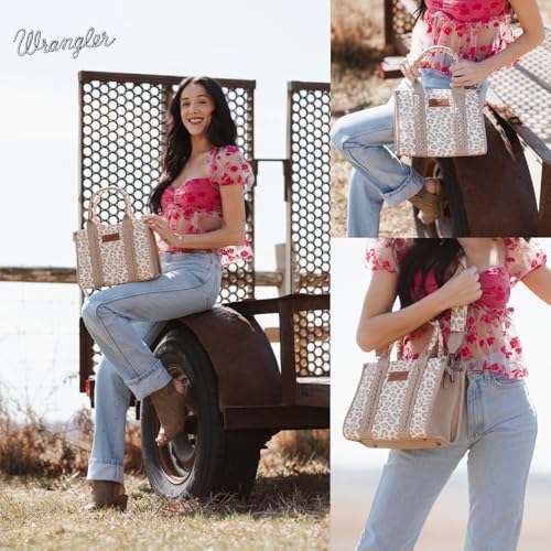 Image of Wrangler Cow Print Tote Bag for Women Western Purse Boho Top Handle Satchel Handbag with Signature Strap