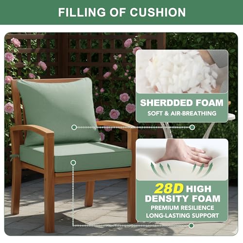 Image of Summsun Outdoor Cushions for Patio Furniture, Faux Linen Water Resistant Backrest and Deep Seat Cushion Set with Removable Cover, Ties, Non-Slip Bottom, 22 x 22 Inch, Sage Green, Set of 2