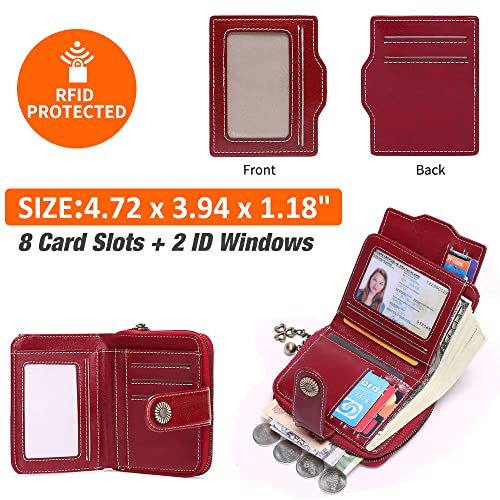 GOIACII Wallet for Women Leather Small RFID Blocking Bifold Zipper Pocket Card Holder with ID Window Wine Red2