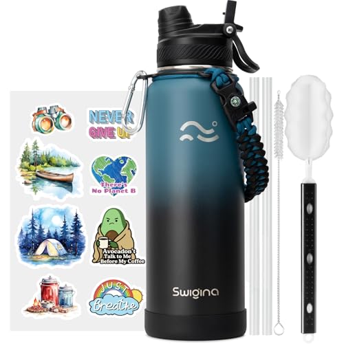 Image of Swigina [2-IN-1 LID] Insulated Water Bottle with Silicone Boot (36hrs Cold /18hrs Hot) - DIY Stickers, Leakproof, BPA Free, 40 oz