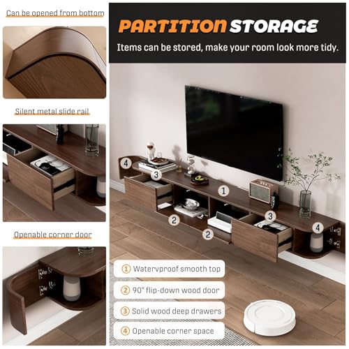 Supporto TV in legno con cassetti e ante, armadio a parete per console multimediale, mobiletto per TV galleggiante, moderno centro di intrattenimento con retro cavo e foro per router