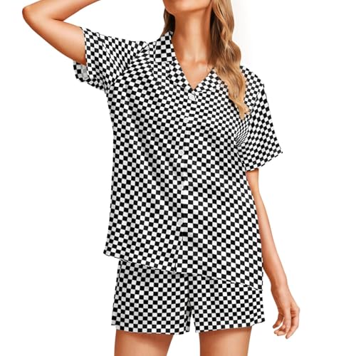 Image of Funny Pajamas for Women Set Print Satin Loungewear Pjs Short Sleeve Button Down Top and Shorts Sets Sleepwear XS-3XL